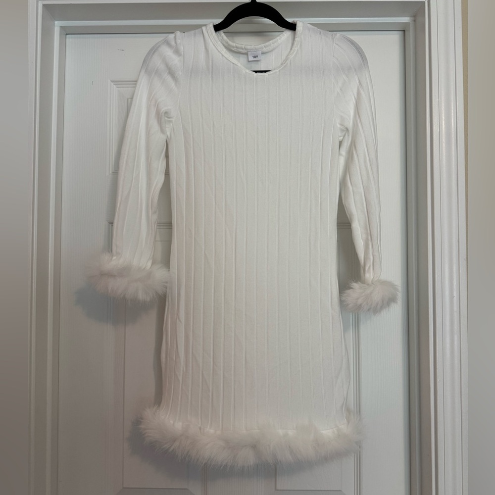 SHEIN White Ribbed Knit Dress with Faux Fur Trim